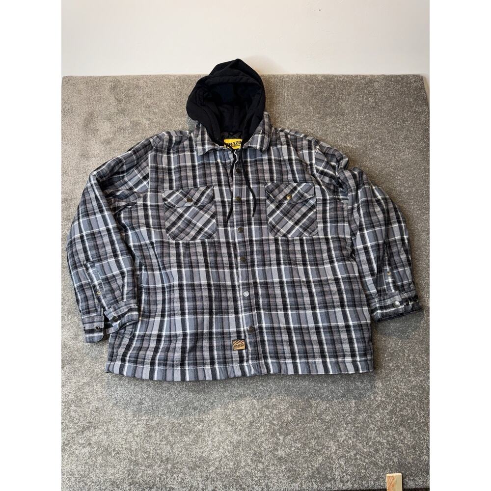 Brazos Work Force Flannel‎ Hooded Quilted Jacket Mens Large Plaid Snaps Pockets